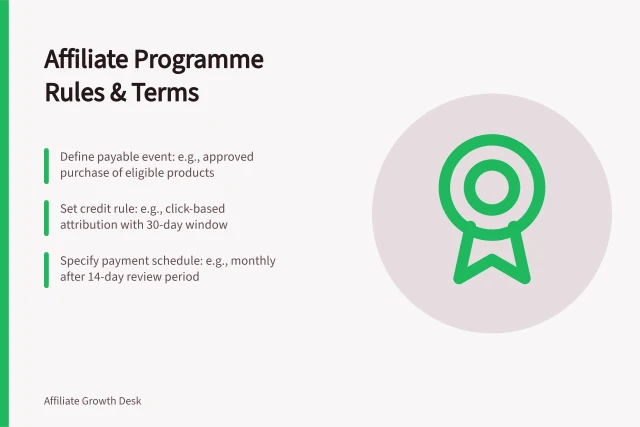 Affiliate Programme Rules & Terms: Define payable event: e.g., approved purchase of eligible products; Set credit rule: e.g., click-based attribution with 30-day window; Specify payment schedule: e.g., monthly after 14-day review period. Affiliate programme terms and publisher rules