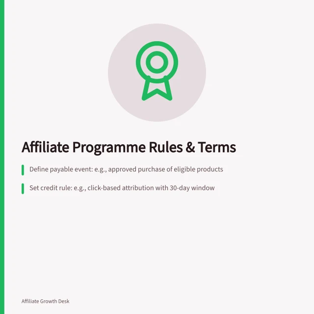 Affiliate Programme Rules & Terms: Define payable event: e.g., approved purchase of eligible products; Set credit rule: e.g., click-based attribution with 30-day window; Specify payment schedule: e.g., monthly after 14-day review period. Affiliate programme terms and publisher rules