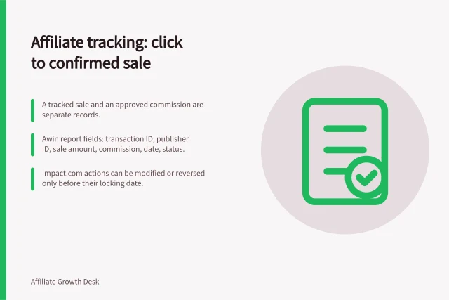 Affiliate tracking: click to confirmed sale: A tracked sale and an approved commission are separate records.; Awin report fields: transaction ID, publisher ID, sale amount, commission, date, status.; Impact.com actions can be modified or reversed only before their locking date. Affiliate tracking from click to confirmed sale