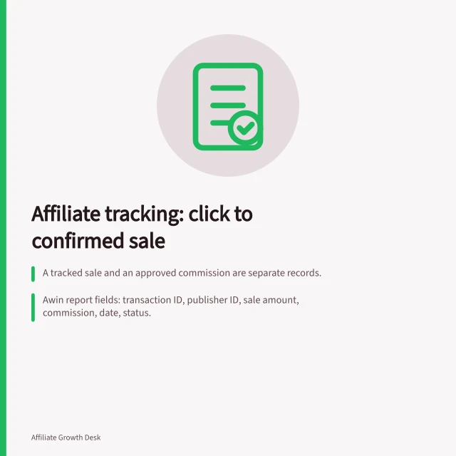 Affiliate tracking: click to confirmed sale: A tracked sale and an approved commission are separate records.; Awin report fields: transaction ID, publisher ID, sale amount, commission, date, status.; Impact.com actions can be modified or reversed only before their locking date. Affiliate tracking from click to confirmed sale