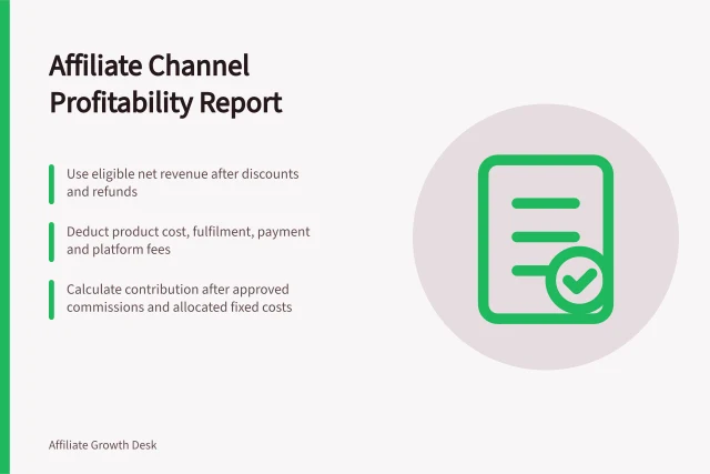 Affiliate Channel Profitability Report: Use eligible net revenue after discounts and refunds; Deduct product cost, fulfilment, payment and platform fees; Calculate contribution after approved commissions and allocated fixed costs. Building an affiliate channel profitability report