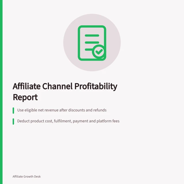 Affiliate Channel Profitability Report: Use eligible net revenue after discounts and refunds; Deduct product cost, fulfilment, payment and platform fees; Calculate contribution after approved commissions and allocated fixed costs. Building an affiliate channel profitability report