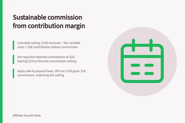 Sustainable commission from contribution margin: Calculate ceiling: $100 revenue − $62 variable costs = $38 contribution before commission; Set required retained contribution at $20, leaving $18 as the max commission ceiling; Apply rate to payout base; 18% on $100 gives $18 commission, matching the ceiling. Calculating a sustainable commission from contribution margin