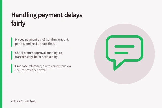 Handling payment delays fairly: Missed payment date? Confirm amount, period, and next update time.; Check status: approval, funding, or transfer stage before explaining.; Give case reference; direct corrections via secure provider portal. Communicating payment delays without damaging partner trust