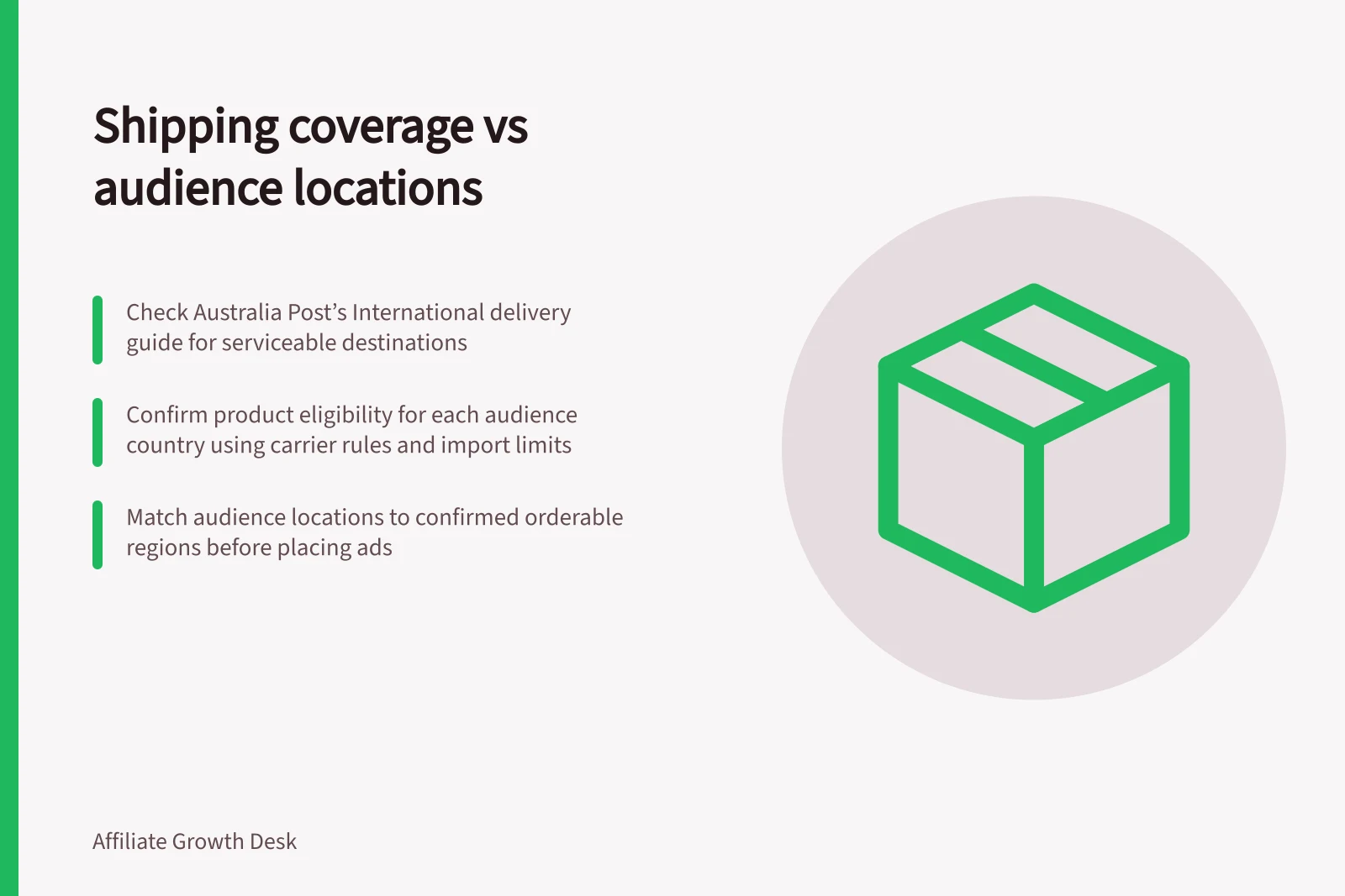 Shipping coverage vs audience locations: Check Australia Post’s International delivery guide for serviceable destinations; Confirm product eligibility for each audience country using carrier rules and import limits; Match audience locations to confirmed orderable regions before placing ads