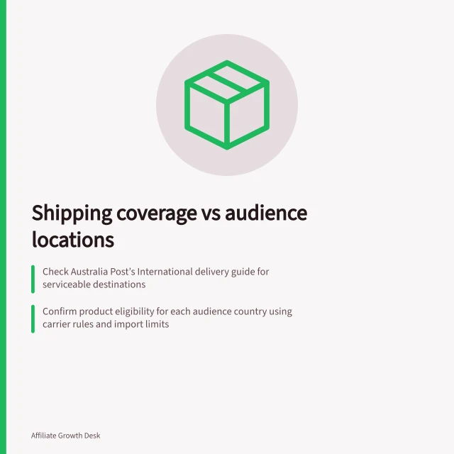 Shipping coverage vs audience locations: Check Australia Post’s International delivery guide for serviceable destinations; Confirm product eligibility for each audience country using carrier rules and import limits; Match audience locations to confirmed orderable regions before placing ads. Comparing shipping coverage with publisher audience locations