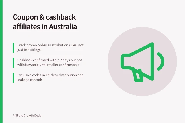 Coupon & cashback affiliates in Australia: Track promo codes as attribution rules, not just text strings; Cashback confirmed within 7 days but not withdrawable until retailer confirms sale; Exclusive codes need clear distribution and leakage controls. Coupon and cashback affiliates