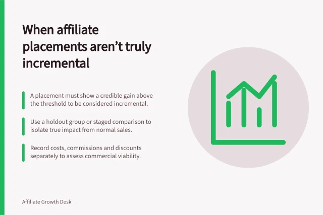 When affiliate placements aren’t truly incremental: A placement must show a credible gain above the threshold to be considered incremental.; Use a holdout group or staged comparison to isolate true impact from normal sales.; Record costs, commissions and discounts separately to assess commercial viability. Deciding when an affiliate placement is not incremental
