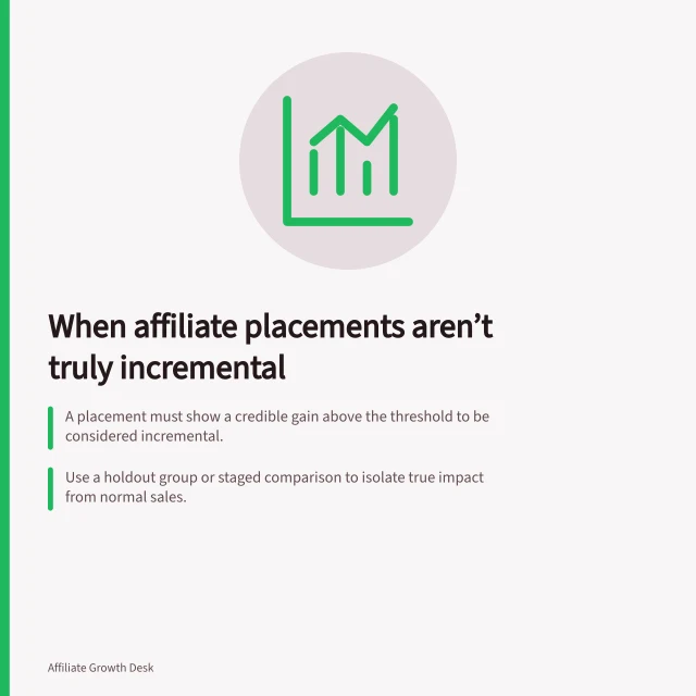 When affiliate placements aren’t truly incremental: A placement must show a credible gain above the threshold to be considered incremental.; Use a holdout group or staged comparison to isolate true impact from normal sales.; Record costs, commissions and discounts separately to assess commercial viability. Deciding when an affiliate placement is not incremental