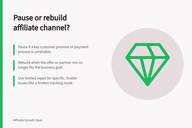Pause or rebuild affiliate channel?: Pause if a key customer promise or payment process is unreliable.; Rebuild when the offer or partner mix no longer fits the business goal.; Use limited repair for specific, fixable issues like a broken tracking route. Deciding whether to pause or rebuild an affiliate channel