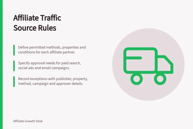 Affiliate Traffic Source Rules: Define permitted methods, properties and conditions for each affiliate partner.; Specify approval needs for paid search, social ads and email campaigns.; Record exceptions with publisher, property, method, campaign and approver details. Defining permitted traffic sources for affiliates