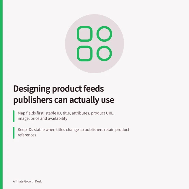 Designing product feeds publishers can actually use: Map fields first: stable ID, title, attributes, product URL, image, price and availability; Keep IDs stable when titles change so publishers retain product references; After processing, check errors, rejected rows and unexpected changes in item count. Designing product feeds publishers can actually use