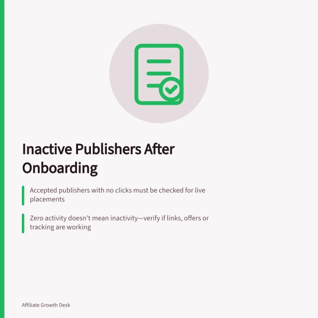 Inactive Publishers After Onboarding: Accepted publishers with no clicks must be checked for live placements; Zero activity doesn't mean inactivity—verify if links, offers or tracking are working; Use Awin Classic’s Communication Center to contact dormant partners with clear next steps. Diagnosing inactive publishers after onboarding