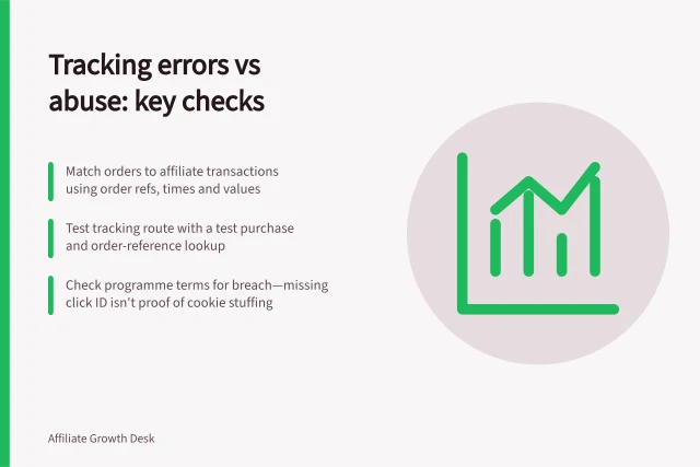 Tracking errors vs abuse: key checks: Match orders to affiliate transactions using order refs, times and values; Test tracking route with a test purchase and order-reference lookup; Check programme terms for breach—missing click ID isn't proof of cookie stuffing. Distinguishing tracking errors from deliberate abuse