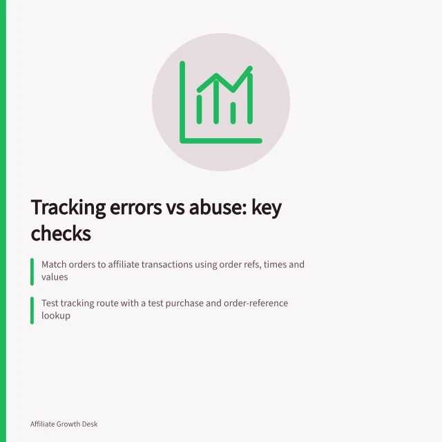 Tracking errors vs abuse: key checks: Match orders to affiliate transactions using order refs, times and values; Test tracking route with a test purchase and order-reference lookup; Check programme terms for breach—missing click ID isn't proof of cookie stuffing. Distinguishing tracking errors from deliberate abuse