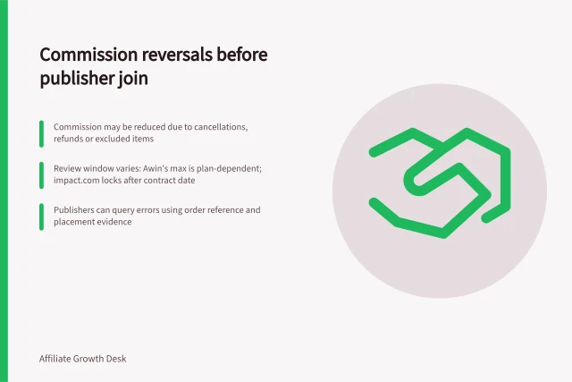 Commission reversals before publisher join: Commission may be reduced due to cancellations, refunds or excluded items; Review window varies: Awin's max is plan-dependent; impact.com locks after contract date; Publishers can query errors using order reference and placement evidence. Explaining commission reversals before a publisher joins