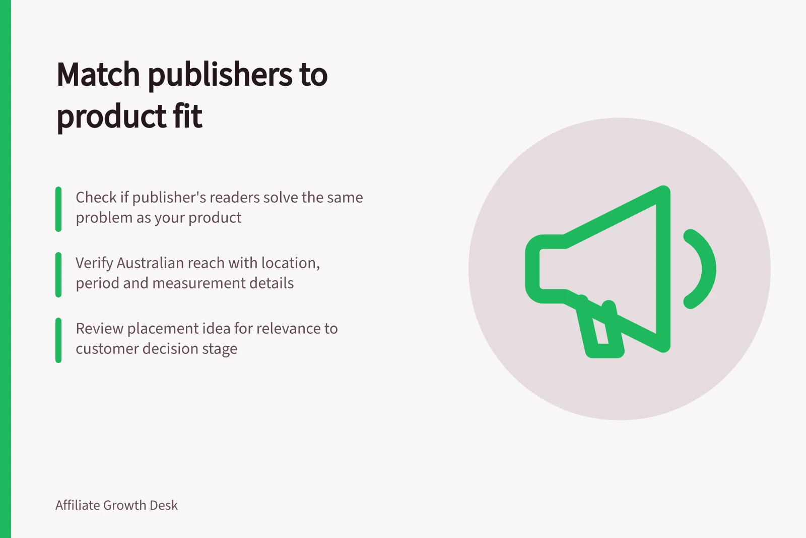 Match publishers to product fit: Check if publisher's readers solve the same problem as your product; Verify Australian reach with location, period and measurement details; Review placement idea for relevance to customer decision stage