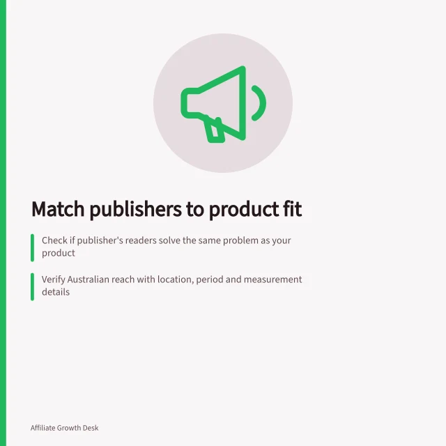 Match publishers to product fit: Check if publisher's readers solve the same problem as your product; Verify Australian reach with location, period and measurement details; Review placement idea for relevance to customer decision stage. Finding publishers whose readers match the product