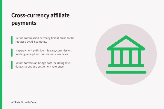 Cross-currency affiliate payments: Define commission currency first; it must not be replaced by A$ estimates.; Map payment path: identify sale, commission, funding, receipt and conversion currencies.; Retain conversion bridge data including rate, date, charges and settlement reference. Handling cross-currency affiliate payments