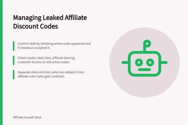 Managing Leaked Affiliate Discount Codes: Confirm leak by checking where code appeared and if checkout accepted it.; Check routes: deal sites, affiliate sharing, customer forums or old active codes.; Separate store controls (who can redeem) from affiliate rules (who gets credited). Handling leaked affiliate discount codes