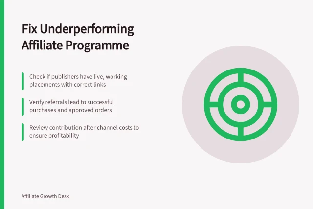 Fix Underperforming Affiliate Programme: Check if publishers have live, working placements with correct links; Verify referrals lead to successful purchases and approved orders; Review contribution after channel costs to ensure profitability. Improving an underperforming affiliate programme