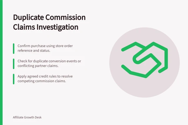 Duplicate Commission Claims Investigation: Confirm purchase using store order reference and status.; Check for duplicate conversion events or conflicting partner claims.; Apply agreed credit rules to resolve competing commission claims. Investigating duplicate commission claims