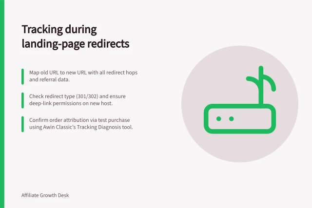 Tracking during landing-page redirects: Map old URL to new URL with all redirect hops and referral data.; Check redirect type (301/302) and ensure deep-link permissions on new host.; Confirm order attribution via test purchase using Awin Classic’s Tracking Diagnosis tool. Keeping tracking intact during landing-page redirects