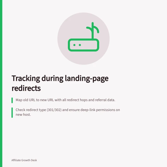 Tracking during landing-page redirects: Map old URL to new URL with all redirect hops and referral data.; Check redirect type (301/302) and ensure deep-link permissions on new host.; Confirm order attribution via test purchase using Awin Classic’s Tracking Diagnosis tool. Keeping tracking intact during landing-page redirects