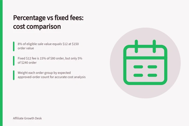 Percentage vs fixed fees: cost comparison: 8% of eligible sale value equals $12 at $150 order value; Fixed $12 fee is 15% of $80 order, but only 5% of $240 order; Weight each order group by expected approved-order count for accurate cost analysis. Percentage commissions versus fixed acquisition fees
