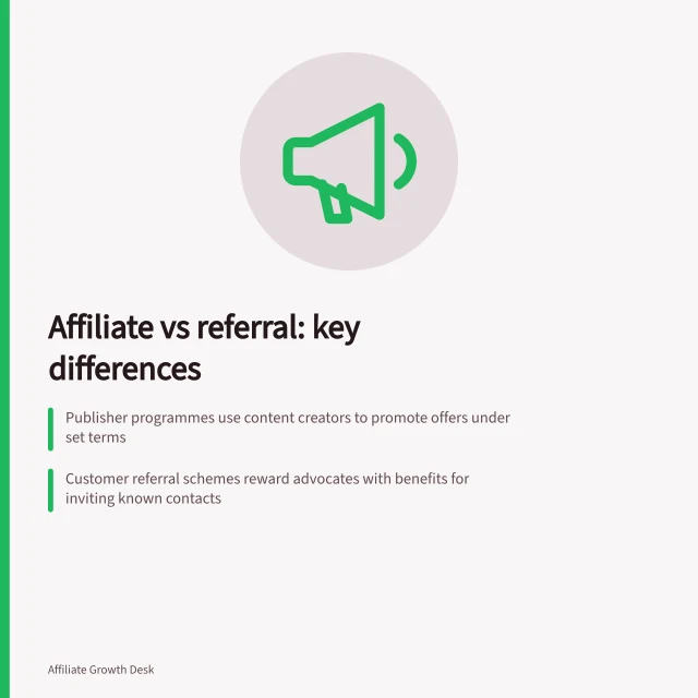 Affiliate vs referral: key differences: Publisher programmes use content creators to promote offers under set terms; Customer referral schemes reward advocates with benefits for inviting known contacts; Both can use links or codes but differ in who shares and why. Publisher affiliate programmes versus referral schemes