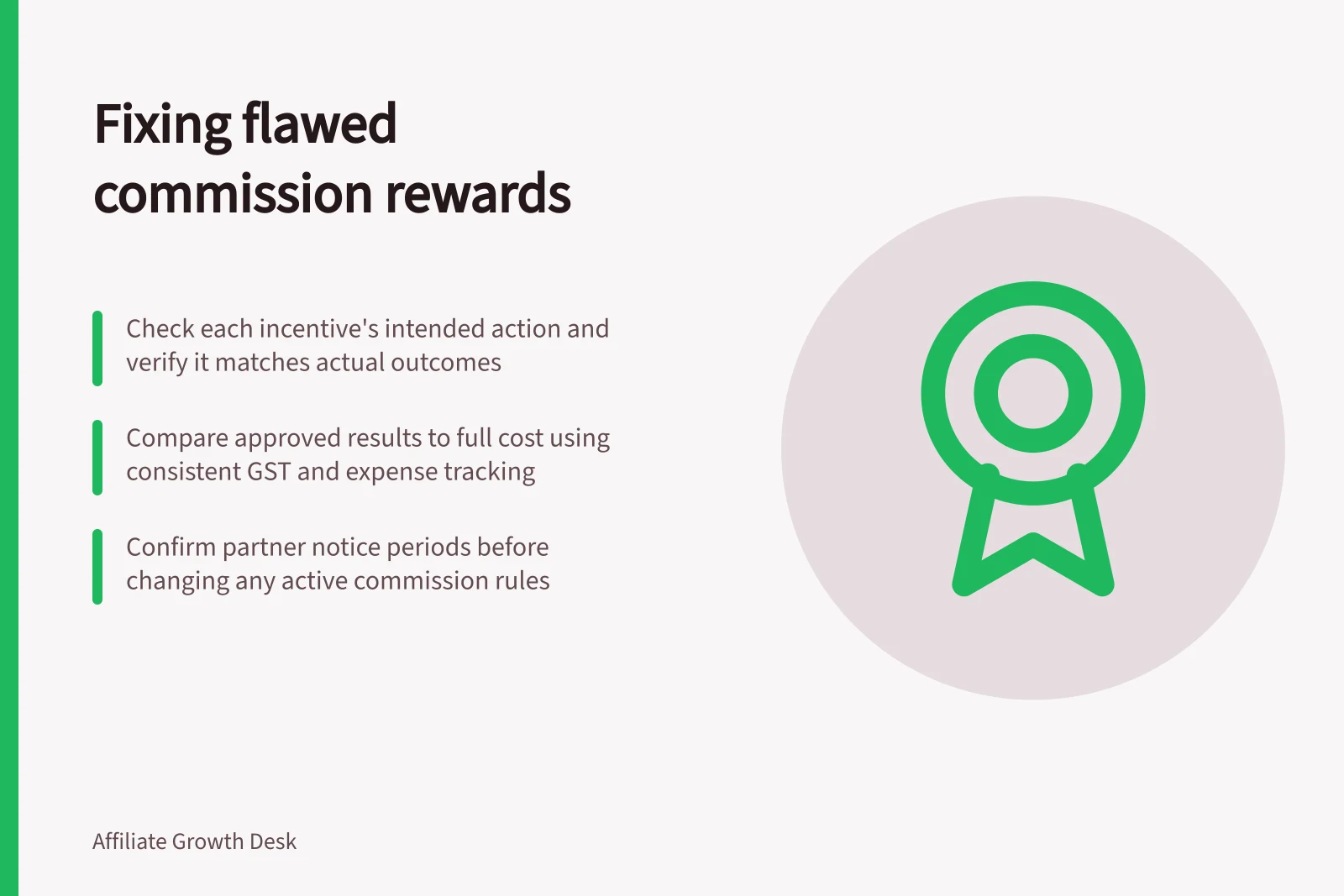 Fixing flawed commission rewards: Check each incentive's intended action and verify it matches actual outcomes; Compare approved results to full cost using consistent GST and expense tracking; Confirm partner notice periods before changing any active commission rules