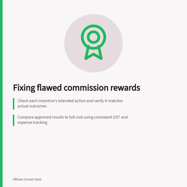 Fixing flawed commission rewards: Check each incentive's intended action and verify it matches actual outcomes; Compare approved results to full cost using consistent GST and expense tracking; Confirm partner notice periods before changing any active commission rules. Removing unproductive incentives from a commission plan