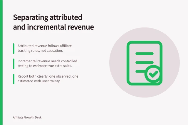 Separating attributed and incremental revenue: Attributed revenue follows affiliate tracking rules, not causation.; Incremental revenue needs controlled testing to estimate true extra sales.; Report both clearly: one observed, one estimated with uncertainty. Separating attributed revenue from incremental revenue
