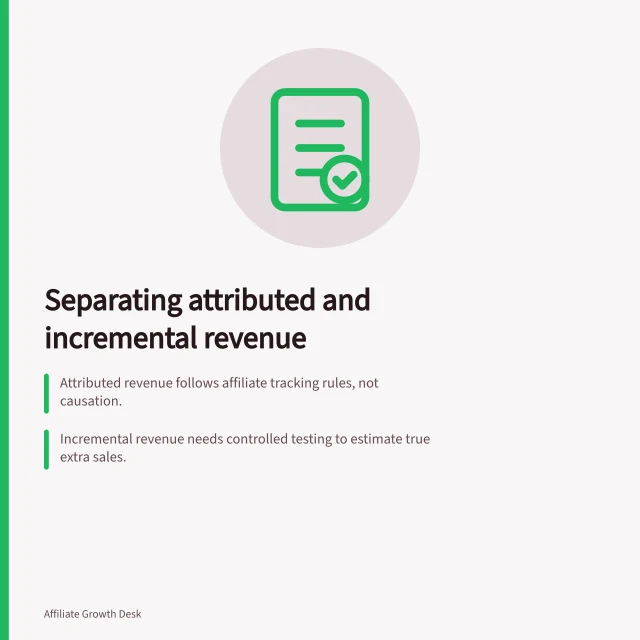 Separating attributed and incremental revenue: Attributed revenue follows affiliate tracking rules, not causation.; Incremental revenue needs controlled testing to estimate true extra sales.; Report both clearly: one observed, one estimated with uncertainty. Separating attributed revenue from incremental revenue