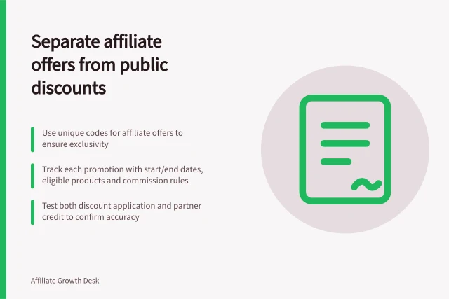 Separate affiliate offers from public discounts: Use unique codes for affiliate offers to ensure exclusivity; Track each promotion with start/end dates, eligible products and commission rules; Test both discount application and partner credit to confirm accuracy. Separating public discounts from exclusive affiliate offers