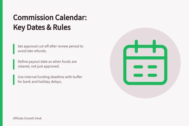 Commission Calendar: Key Dates & Rules: Set approval cut-off after review period to avoid late refunds.; Define payout date as when funds are cleared, not just approved.; Use internal funding deadline with buffer for bank and holiday delays. Setting a commission approval and payment calendar