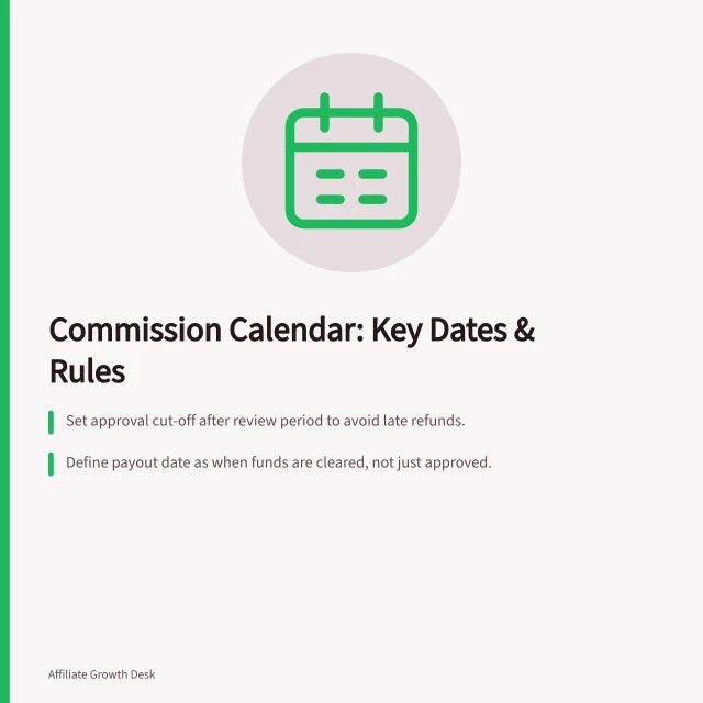Commission Calendar: Key Dates & Rules: Set approval cut-off after review period to avoid late refunds.; Define payout date as when funds are cleared, not just approved.; Use internal funding deadline with buffer for bank and holiday delays. Setting a commission approval and payment calendar