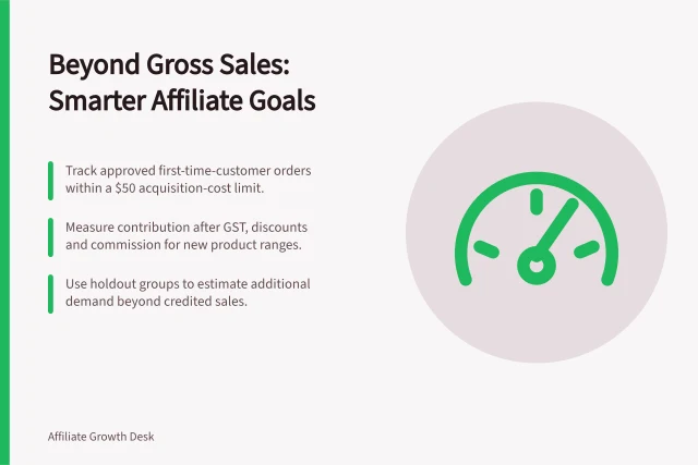Beyond Gross Sales: Smarter Affiliate Goals: Track approved first-time-customer orders within a $50 acquisition-cost limit.; Measure contribution after GST, discounts and commission for new product ranges.; Use holdout groups to estimate additional demand beyond credited sales. Setting an affiliate programme objective beyond gross sales