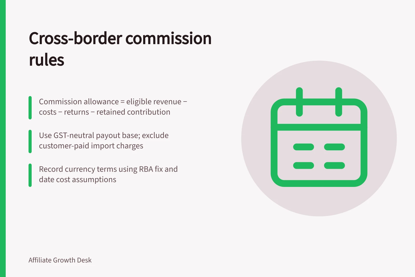 Cross-border commission rules: Commission allowance = eligible revenue − costs − returns − retained contribution; Use GST-neutral payout base; exclude customer-paid import charges; Record currency terms using RBA fix and date cost assumptions