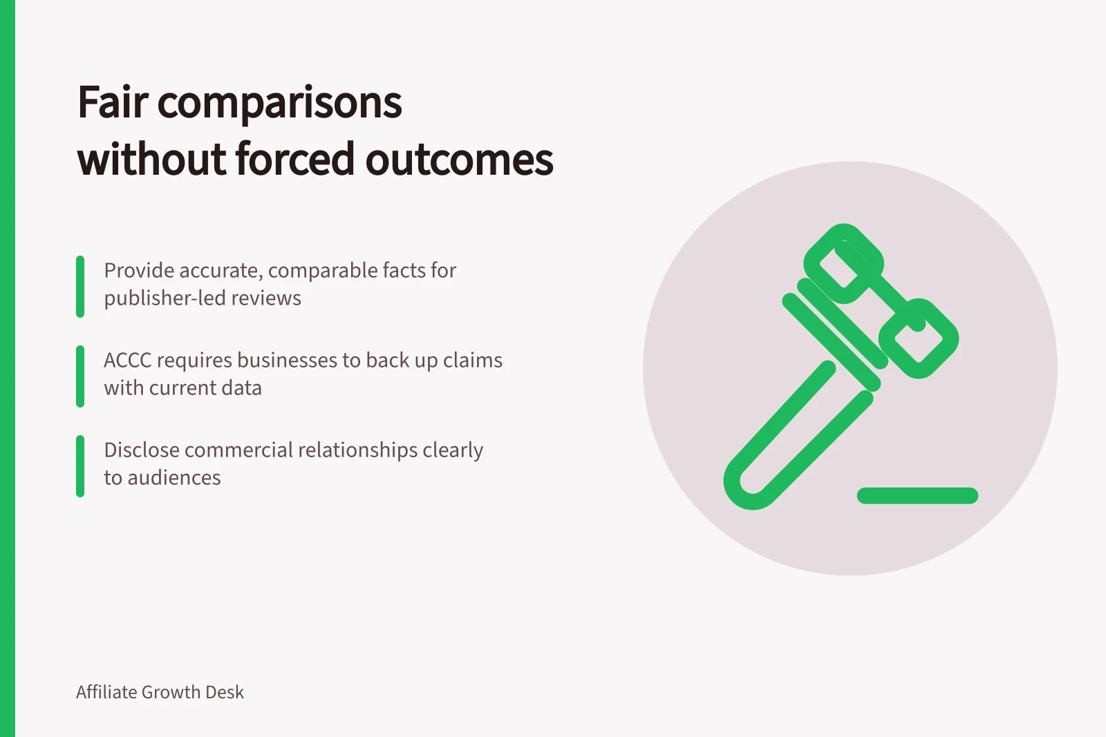Fair comparisons without forced outcomes: Provide accurate, comparable facts for publisher-led reviews; ACCC requires businesses to back up claims with current data; Disclose commercial relationships clearly to audiences