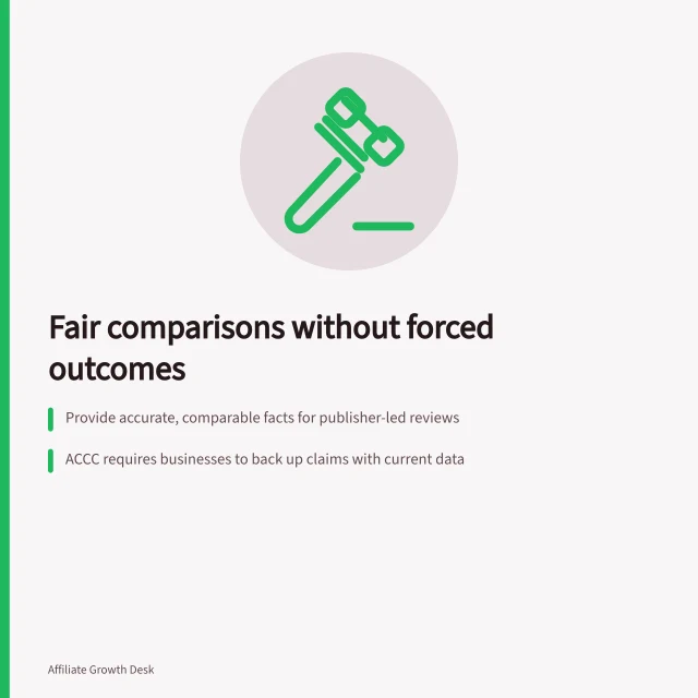 Fair comparisons without forced outcomes: Provide accurate, comparable facts for publisher-led reviews; ACCC requires businesses to back up claims with current data; Disclose commercial relationships clearly to audiences. Supporting comparisons without demanding a favourable verdict