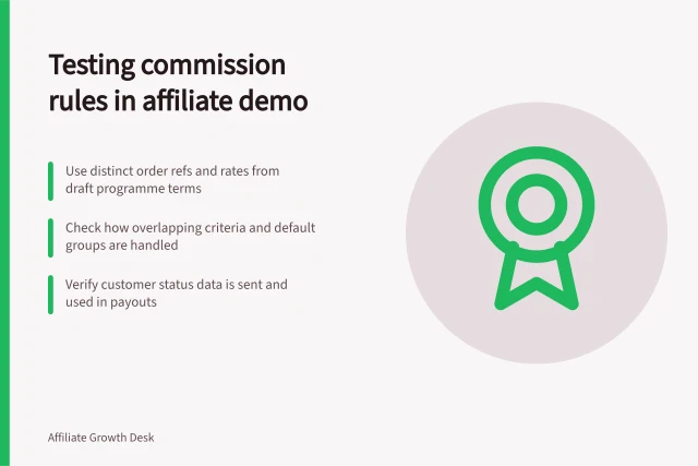 Testing commission rules in affiliate demo: Use distinct order refs and rates from draft programme terms; Check how overlapping criteria and default groups are handled; Verify customer status data is sent and used in payouts. Testing commission rules in an affiliate platform demo