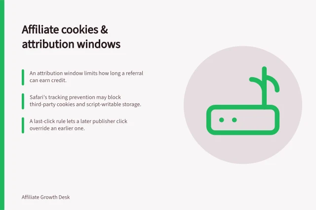 Affiliate cookies & attribution windows: An attribution window limits how long a referral can earn credit.; Safari's tracking prevention may block third-party cookies and script-writable storage.; A last-click rule lets a later publisher click override an earlier one. Understanding affiliate cookies and attribution windows