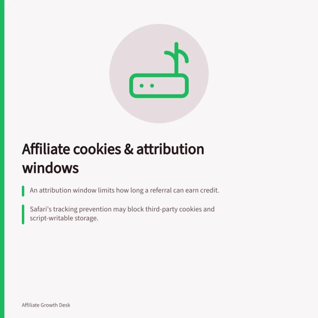 Affiliate cookies & attribution windows: An attribution window limits how long a referral can earn credit.; Safari's tracking prevention may block third-party cookies and script-writable storage.; A last-click rule lets a later publisher click override an earlier one. Understanding affiliate cookies and attribution windows