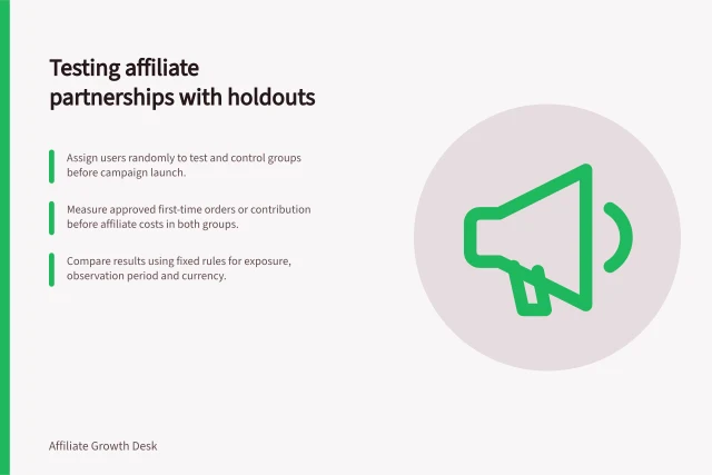 Testing affiliate partnerships with holdouts: Assign users randomly to test and control groups before campaign launch.; Measure approved first-time orders or contribution before affiliate costs in both groups.; Compare results using fixed rules for exposure, observation period and currency. Using a holdout to test an affiliate partnership